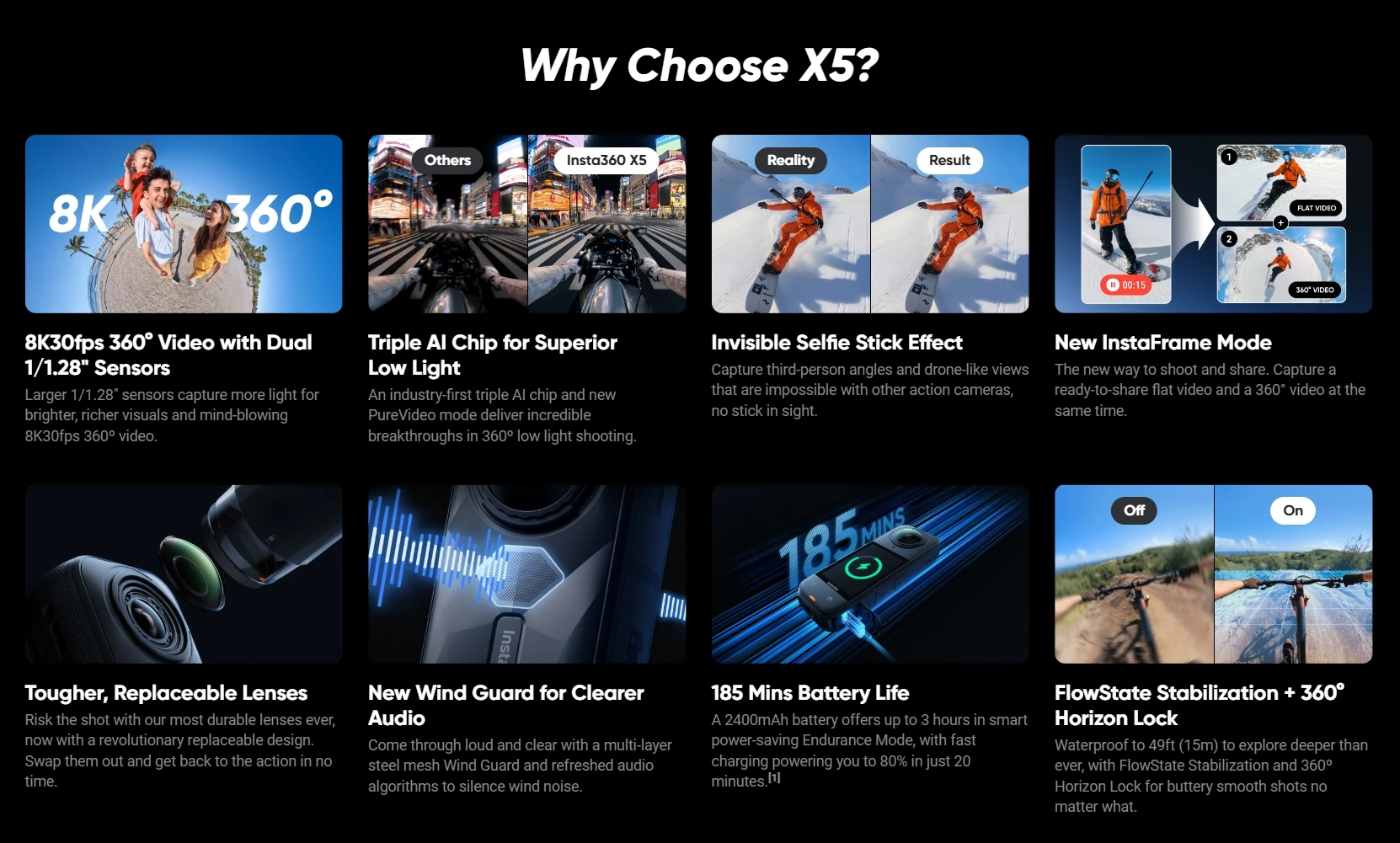 Insta360 X5 Action Camera 2025 New 8K 30fps Replaceable Lenses AI Chip Superior Low Light Mins Run Life Insta X5