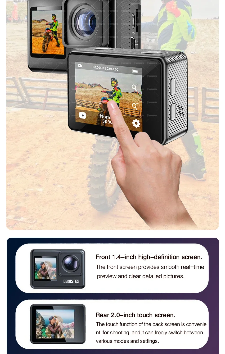 CERASTES Action Camera 5K 4K 60FPS WiFi Anti-shake Dual Screen 170° Wide Angle 30m Waterproof Sport Camera with Remote Control CERASTES Action Camera 5K 4K 60FPS WiFi Anti-shake Dual Screen 170° Wide Angle 30m Waterproof Sport Camera with Remote Control