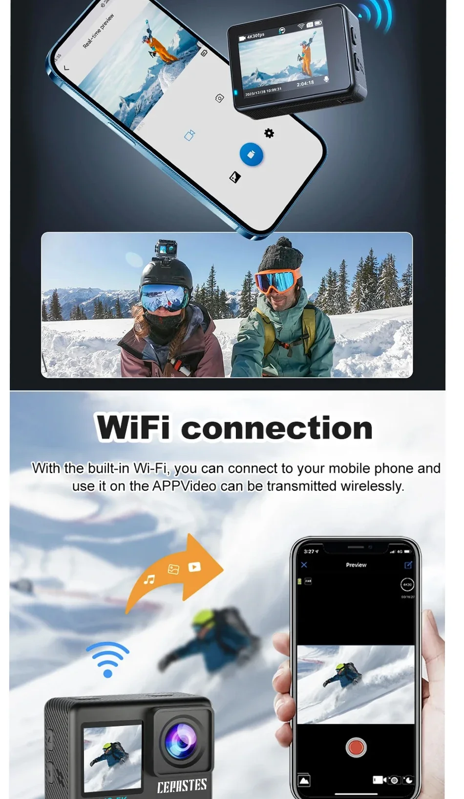 CERASTES Action Camera 5K 4K 60FPS WiFi Anti-shake Dual Screen 170° Wide Angle 30m Waterproof Sport Camera with Remote Control CERASTES Action Camera 5K 4K 60FPS WiFi Anti-shake Dual Screen 170° Wide Angle 30m Waterproof Sport Camera with Remote Control