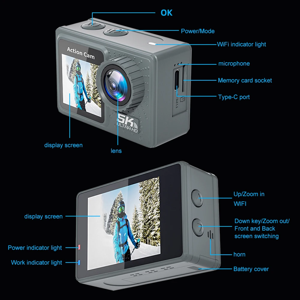 5K 4K 60FPS Action Camera 170° Wide Angle WIFI Outdoor Cycling Camera 30m Waterproof Diving Mini DV Camera with Remote Control