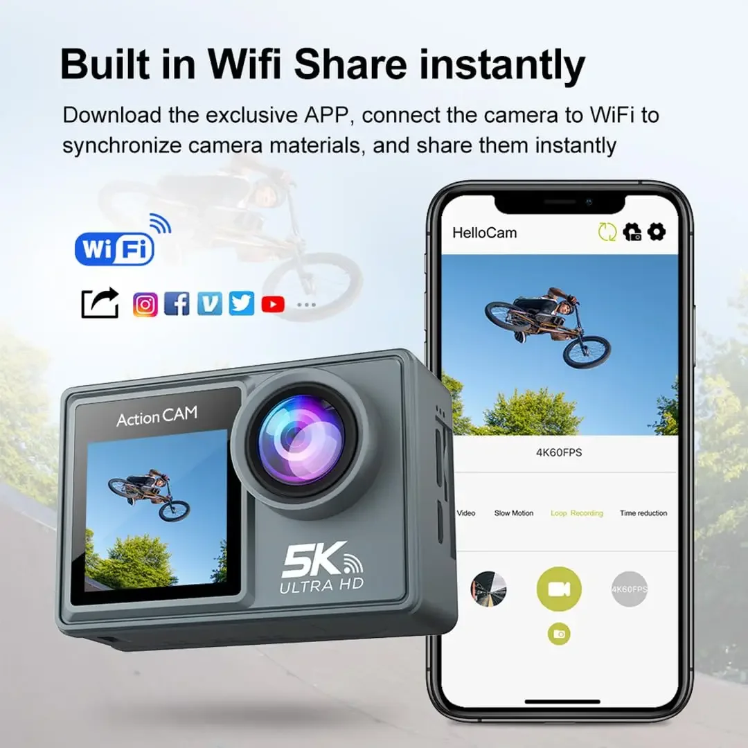 5K Action Camera 4K60FPS WiFi Remote Control Sport Camera EIS WiFi 170°Wide Angle 30M Waterproof Bicycle Motorcycles Sports Cam