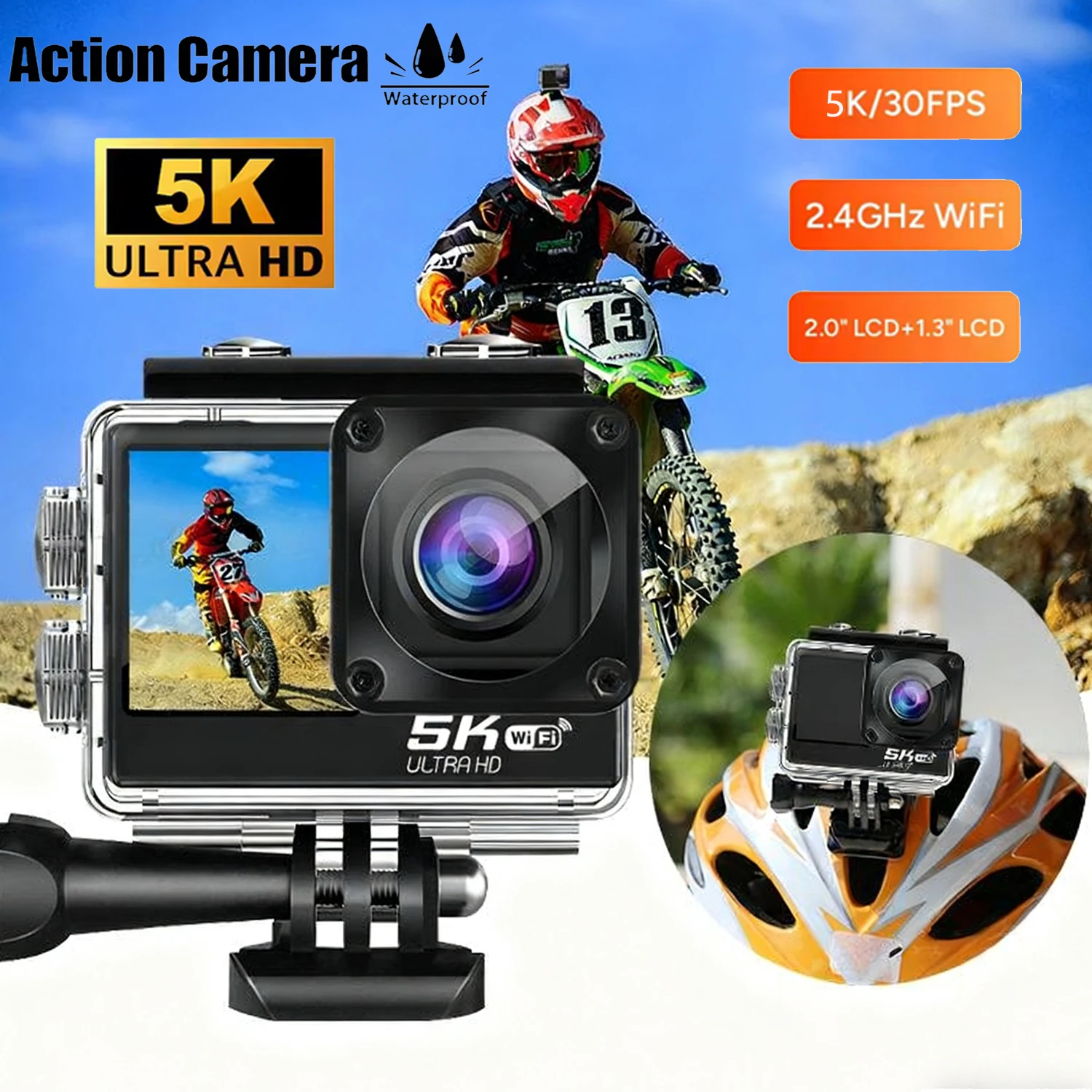 5K Action Camera 4K60FPS WiFi Remote Control Sport Camera EIS WiFi 170°Wide Angle 30M Waterproof Bicycle Motorcycles Sports Cam