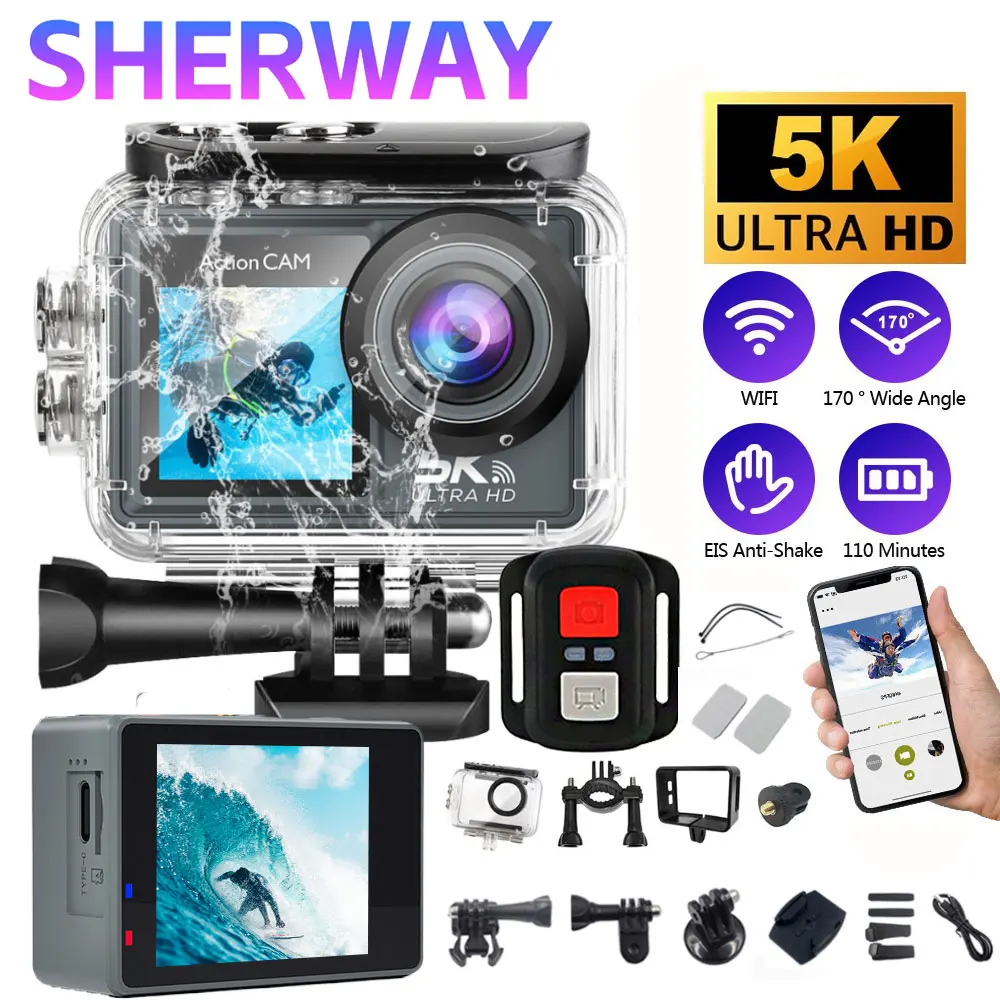 5K Action Camera Pro WiFi Remote Control Sport Camera with EIS HD 1080P 60FPS Bicycle Motorcycles Helmet Video Recording Cameras