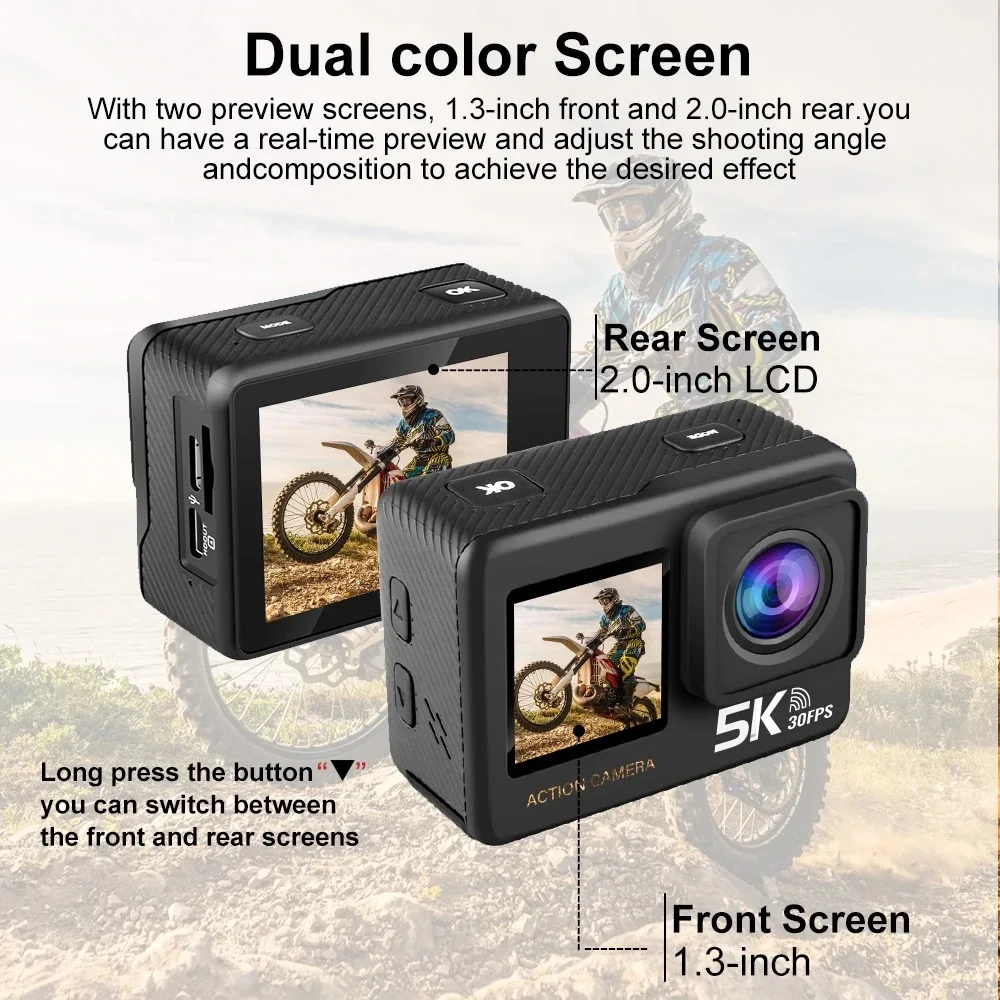 Action Camera 5K 4K60FPS 50MP 2.0 Touch EIS Pre-Record Wireless Mic Wi-Fi 170D DVR Webcam Waterproof 30M 5X Zoom Sports Camera