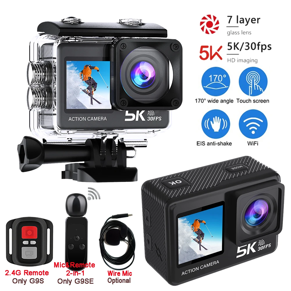 Action Camera 5K 4K60FPS 50MP 2.0 Touch EIS Pre-Record Wireless Mic Wi-Fi 170D DVR Webcam Waterproof 30M 5X Zoom Sports Camera