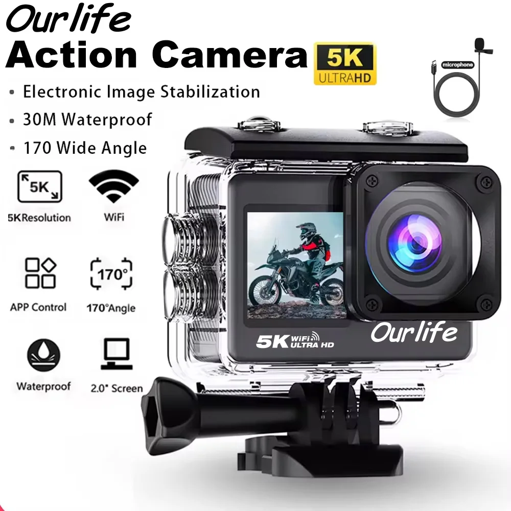 Ourlife 5K Action Camera 4K60FPS 2.0 Inch Touch Screen WiFi 170° Wide Angle 30M Waterproof Bicycle Motorcycles Sports Cameras