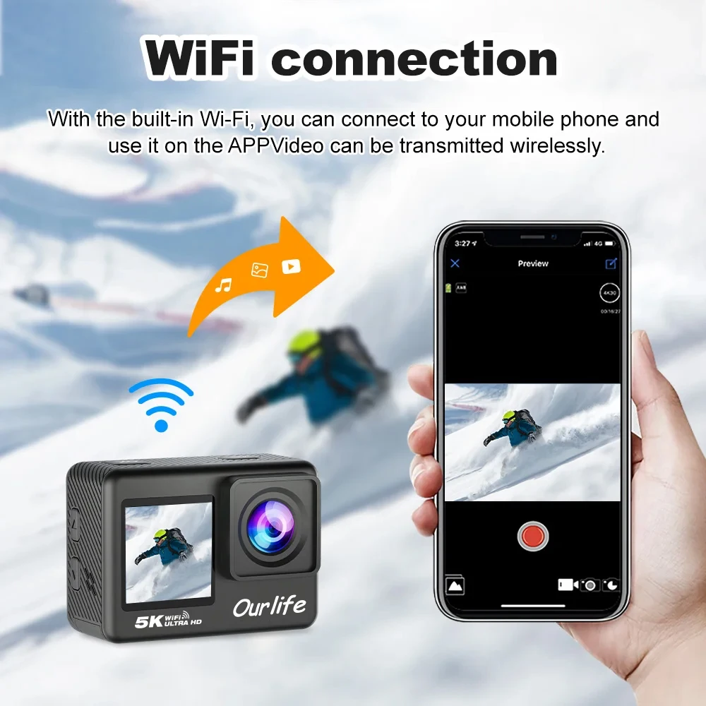 Ourlife 5K Action Camera 4K60FPS 2.0 Inch Touch Screen WiFi 170° Wide Angle 30M Waterproof Bicycle Motorcycles Sports Cameras