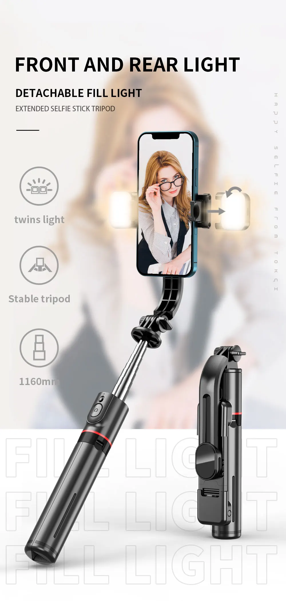 L13d Foldable Wireless Bluetooth Fill Light Tripod Selfie Stick 1160mm Tripe Stabilizer for Android IOS Cellphone