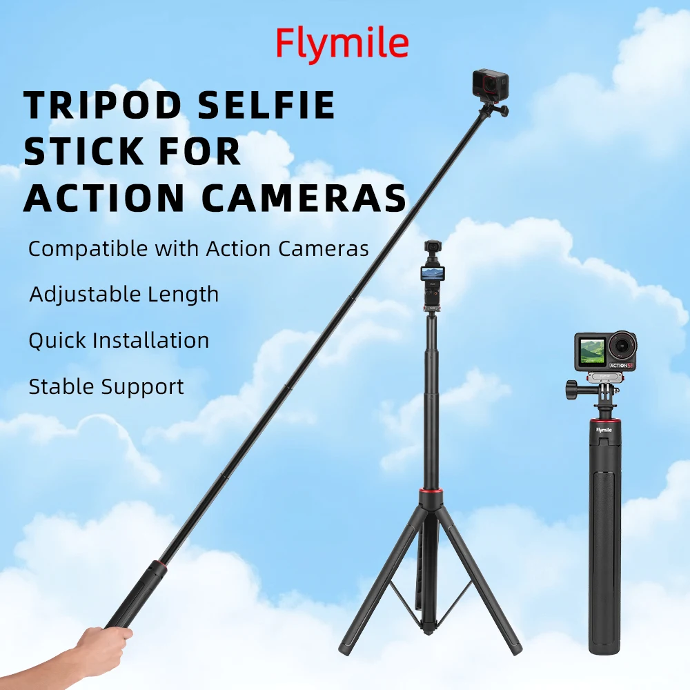 Flymile Extendable Tripod Adjustable Selfie Stick Long Hand Grip for DJI Pocket 3/Action 5/Insta360/Gopro Hero 13 12 Accessories