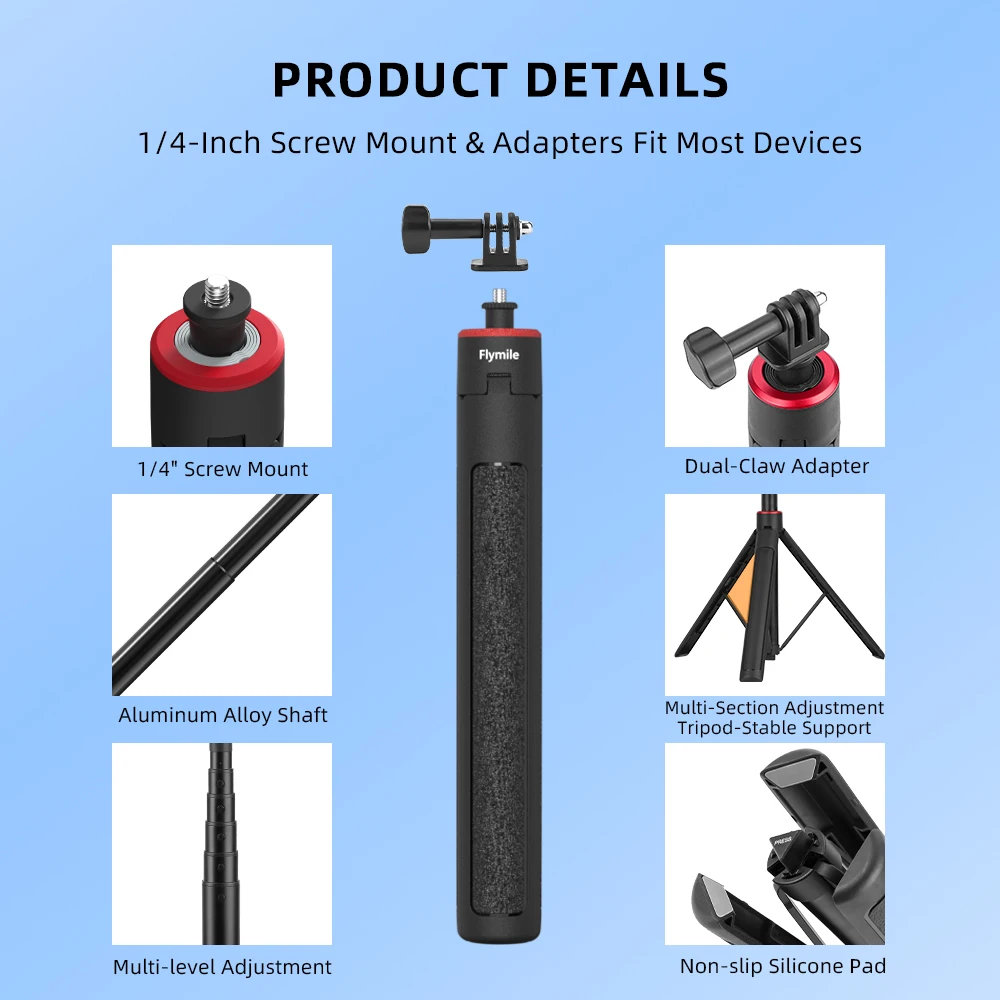 Flymile Extendable Tripod Adjustable Selfie Stick Long Hand Grip for DJI Pocket 3/Action 5/Insta360/Gopro Hero 13 12 Accessories