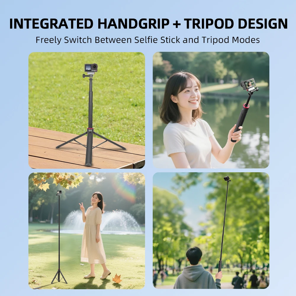 Flymile Extendable Tripod Adjustable Selfie Stick Long Hand Grip for DJI Pocket 3/Action 5/Insta360/Gopro Hero 13 12 Accessories