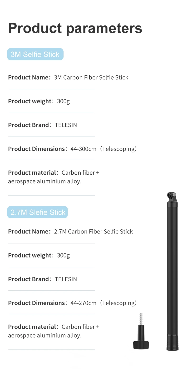 TELESIN 2.7M 3M Ultra Long Monopod Carbon Fiber Selfie Stick For GoPro Hero 12 11 10 9 8 7 Max Insta360 One X One R Osmo Action