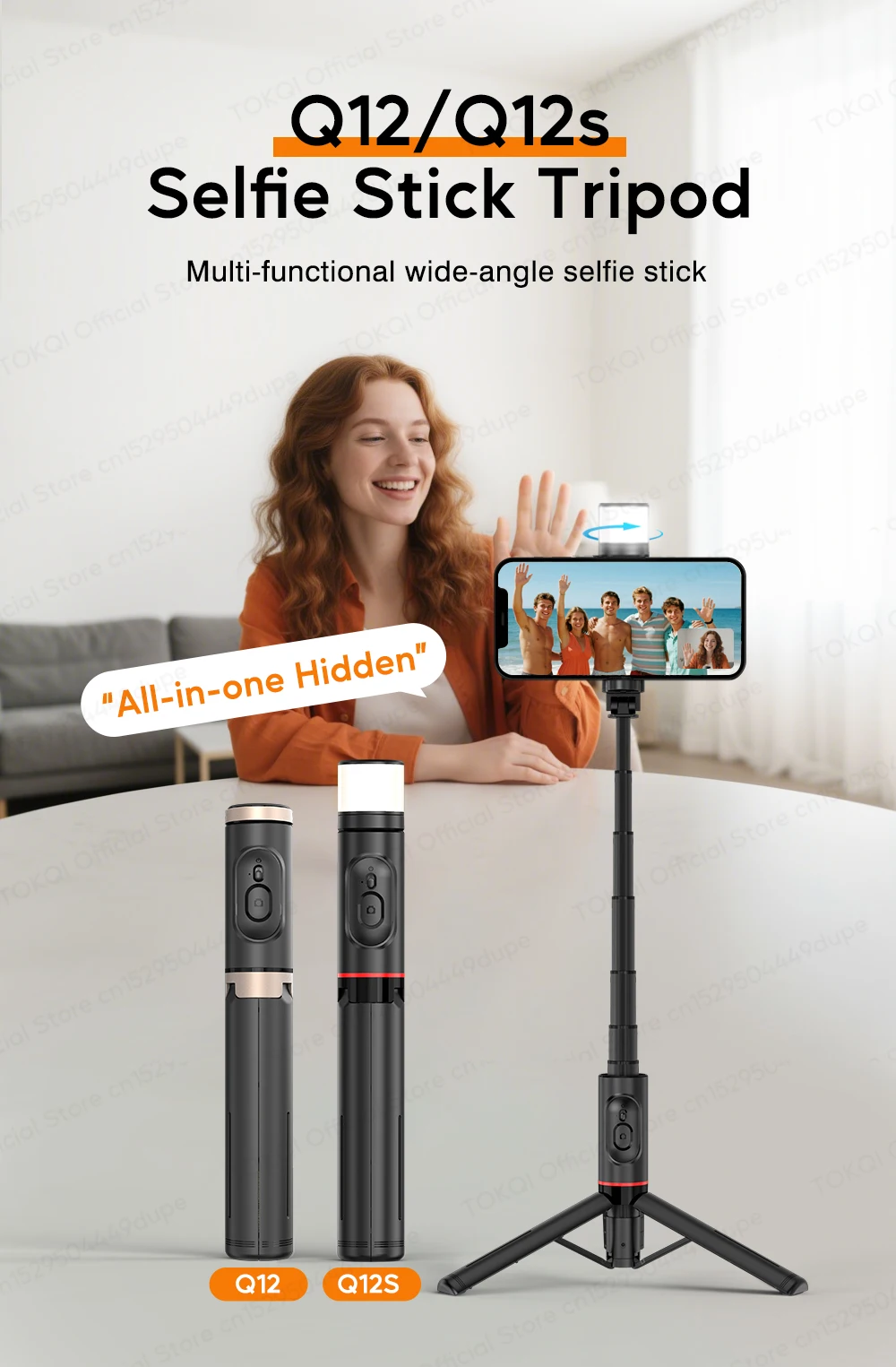Q12/Q12s Wireless Bluetooth Selfie Stick Tripod for Smartphones Stable and Balanced Shooting, with Hidden Mount Portable Bracket