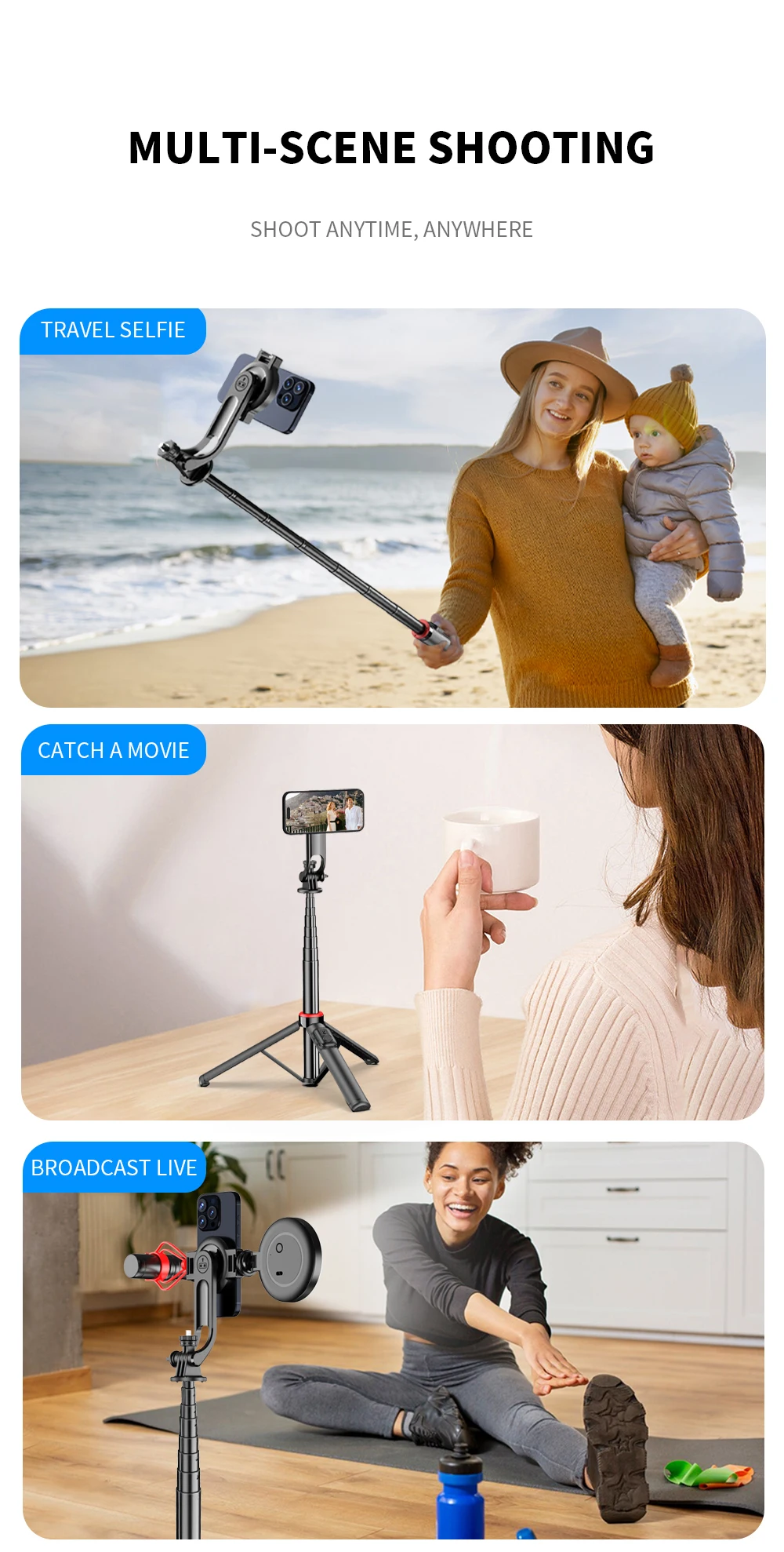 C20 Magnetic Selfie Stick Tripod for iPhone 12-16 Pro Max Travel Stand with Magsafe Phone Clamp for Android Smartphone