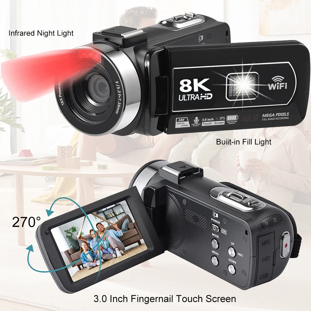 8K Digital Photography Camera 48MP Handheld DV 18X igital Zoom Camera Recorder 3'' LCD Touch Screen Portable Recording Camcorder