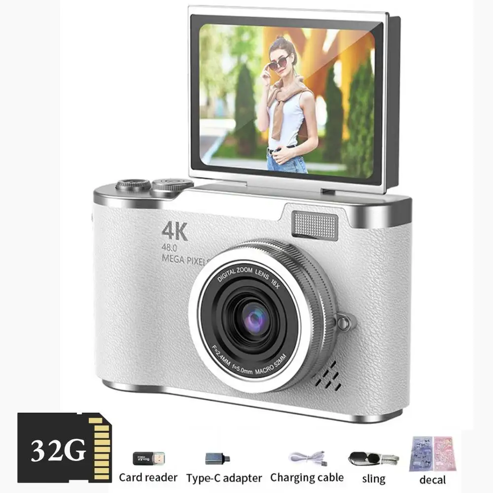 4K Digital Camera Beauty Filters 48MP HD Student CCD Camera CMOS Anti Shake 180° Flip Screen Selfie Camera for Kids Adults Gift