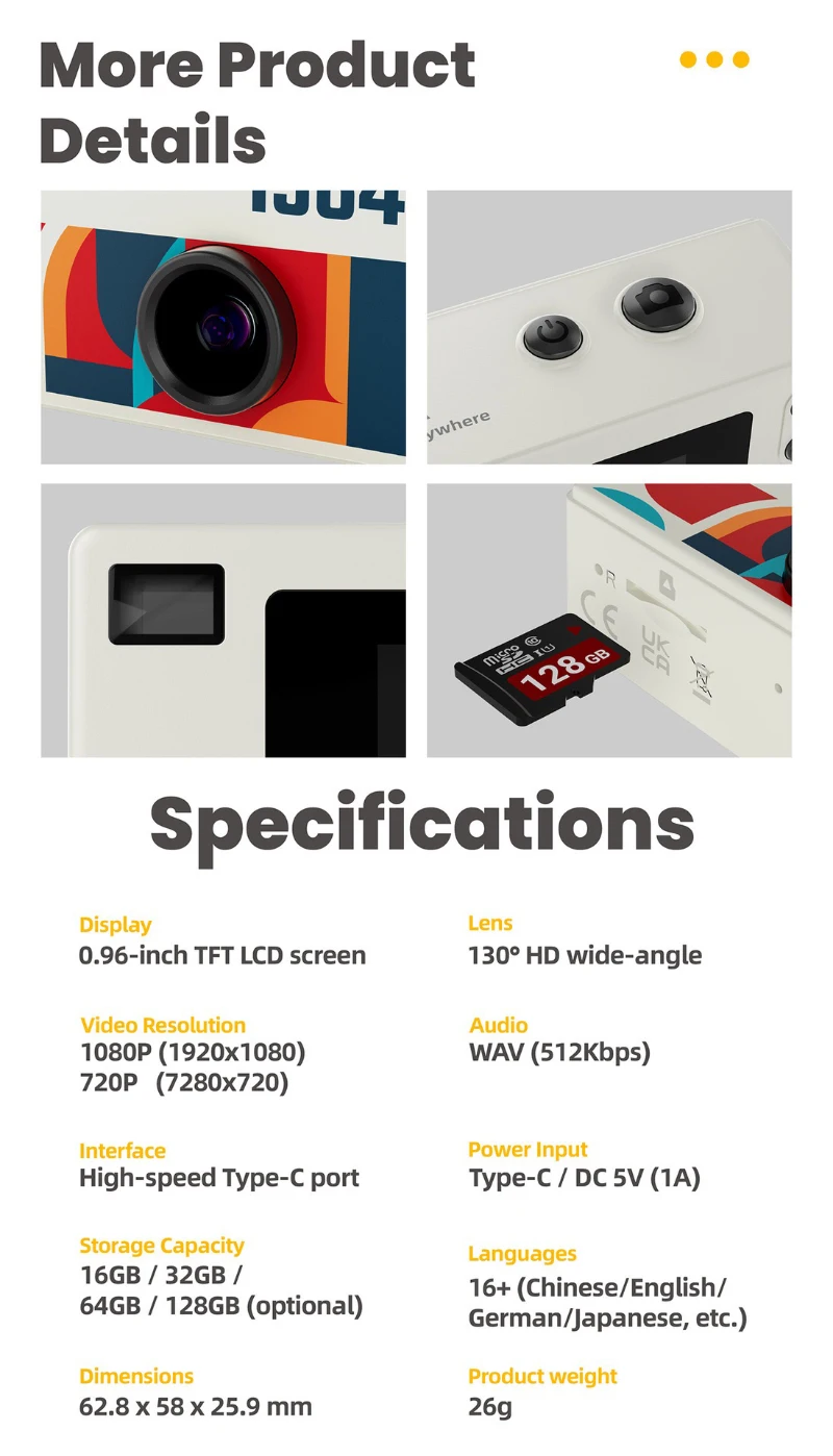 Retro Mini Keychain Thumb Camera 1080P HD Recorder Built-in Flash Auto Focus 130° Wide Angle Lens TFT LCD Screen Portable Camera