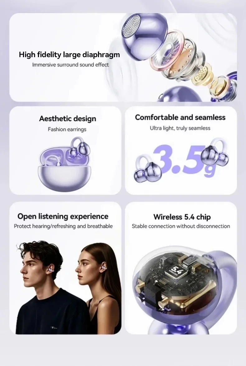 Ows Ear Clip Earphones Wireless Noise Cancellation Headphones Stereo Bluetooth for Android and iOS Touch Control with Mic