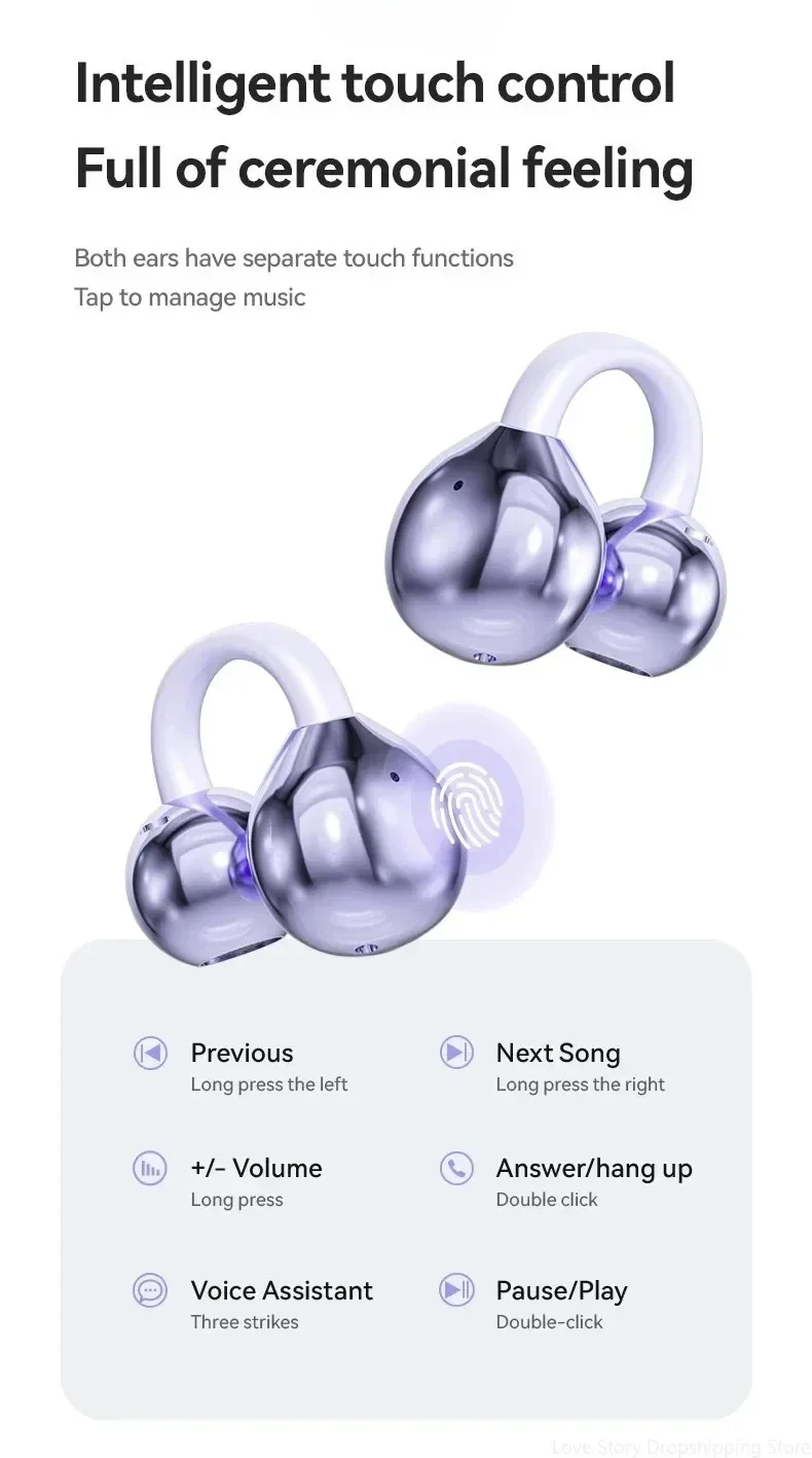 Ows Ear Clip Earphones Wireless Noise Cancellation Headphones Stereo Bluetooth for Android and iOS Touch Control with Mic