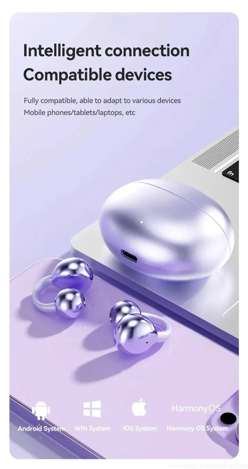 Ows Ear Clip Earphones Wireless Noise Cancellation Headphones Stereo Bluetooth for Android and iOS Touch Control with Mic