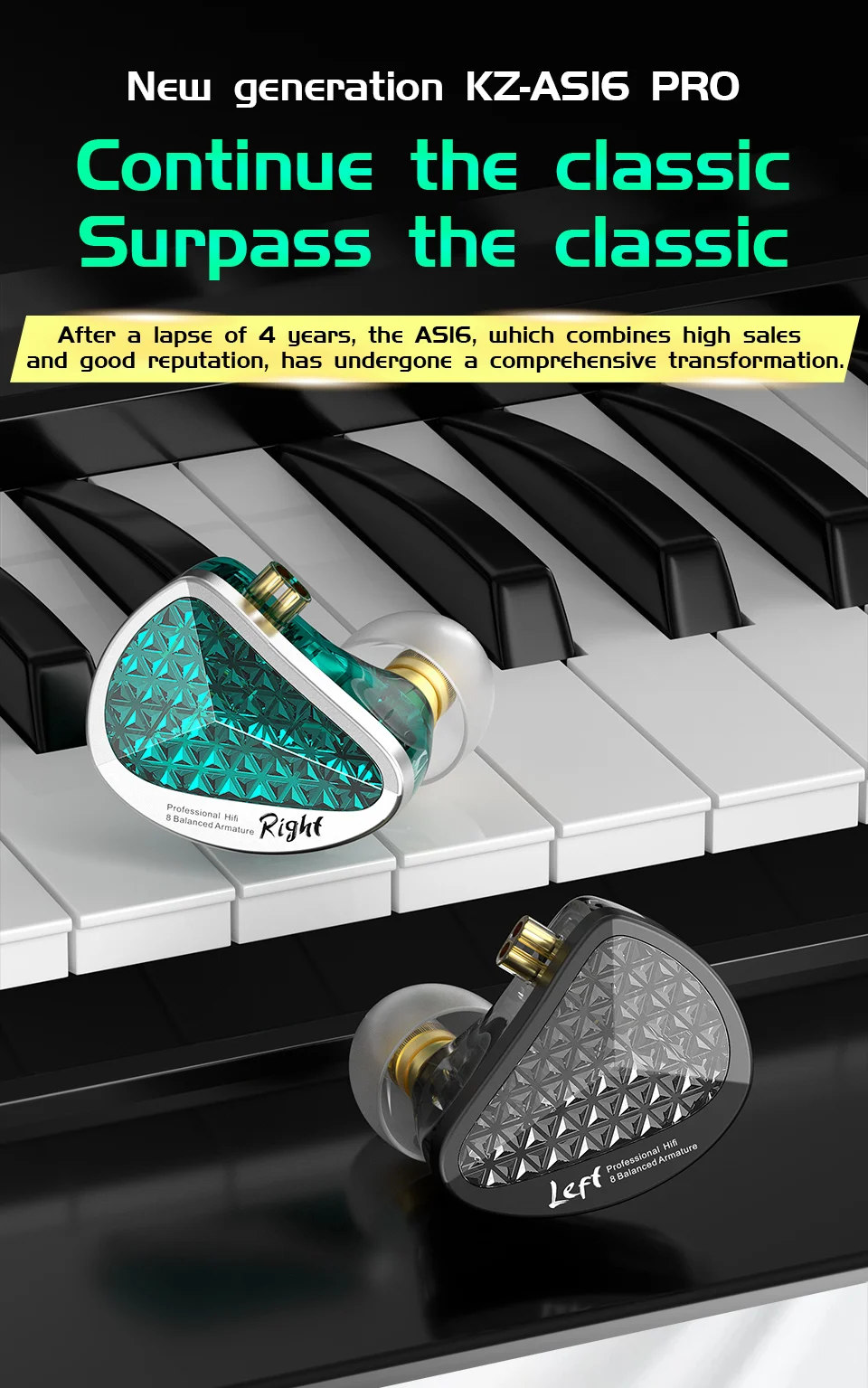 KZ AS16 Pro In Ear Wired Earphones 16BA Balanced Armature HIFI Bass Monitor Headphones Noise Cancelling Earbuds Sport Headset