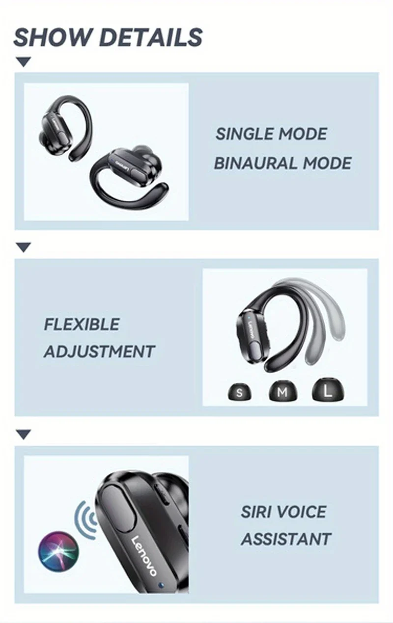 Lenovo XT80 Wireless Headphones Bluetooth 5.3 Earphones True with Mic Button Control Noise Reduction Earhooks Waterproof Headset