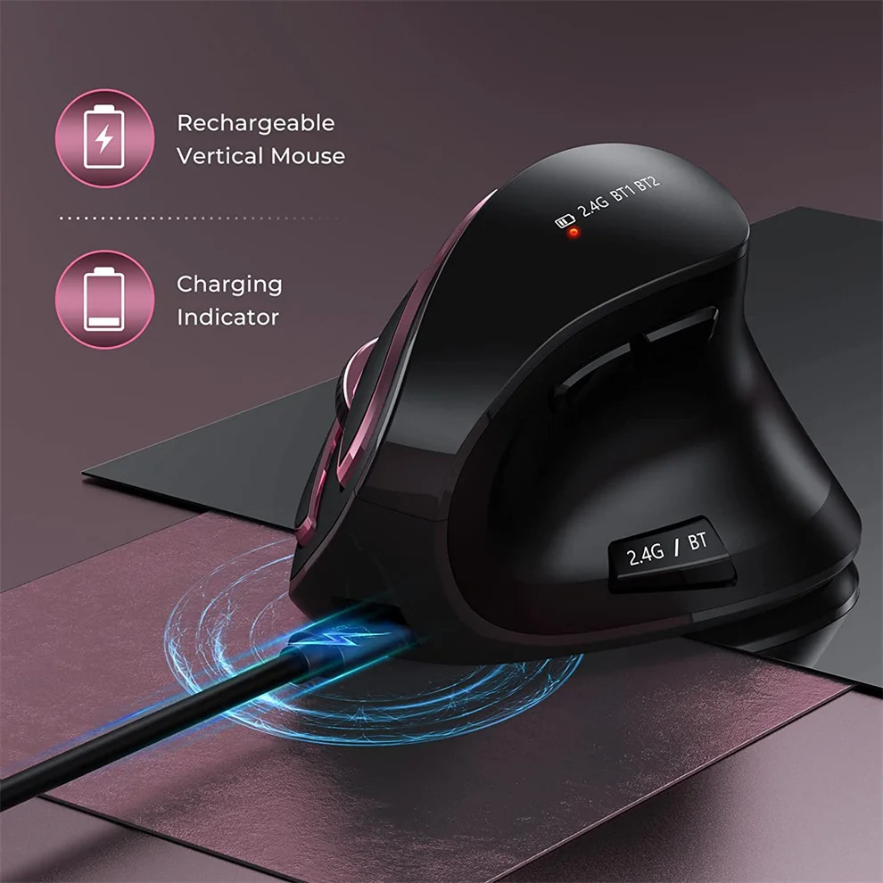 Jomaa 2.4G+Bluetooth Vertical Mouse Wireless for Apple Mac Laptop Notebook 9 Buttons Rechargeable Gaming Mouse for PC Ipad