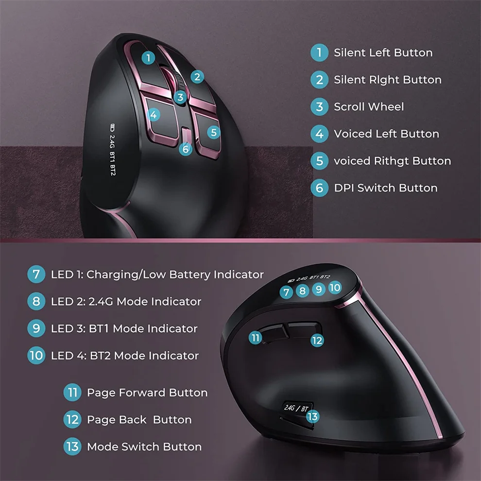 Jomaa 2.4G+Bluetooth Vertical Mouse Wireless for Apple Mac Laptop Notebook 9 Buttons Rechargeable Gaming Mouse for PC Ipad