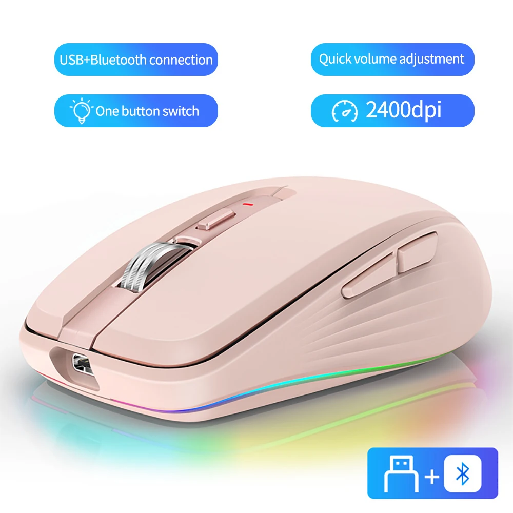 New Dual Mode Rechargeable Bluetooth 2.4G Wireless Mouse RGB Mute Mouse For Windows Mac IOS Android Laptop Tablet Phone PC