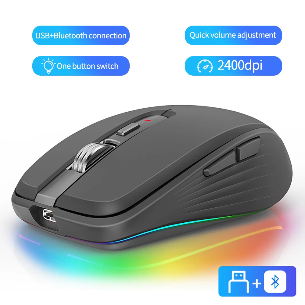 New Dual Mode Rechargeable Bluetooth 2.4G Wireless Mouse RGB Mute Mouse For Windows Mac IOS Android Laptop Tablet Phone PC