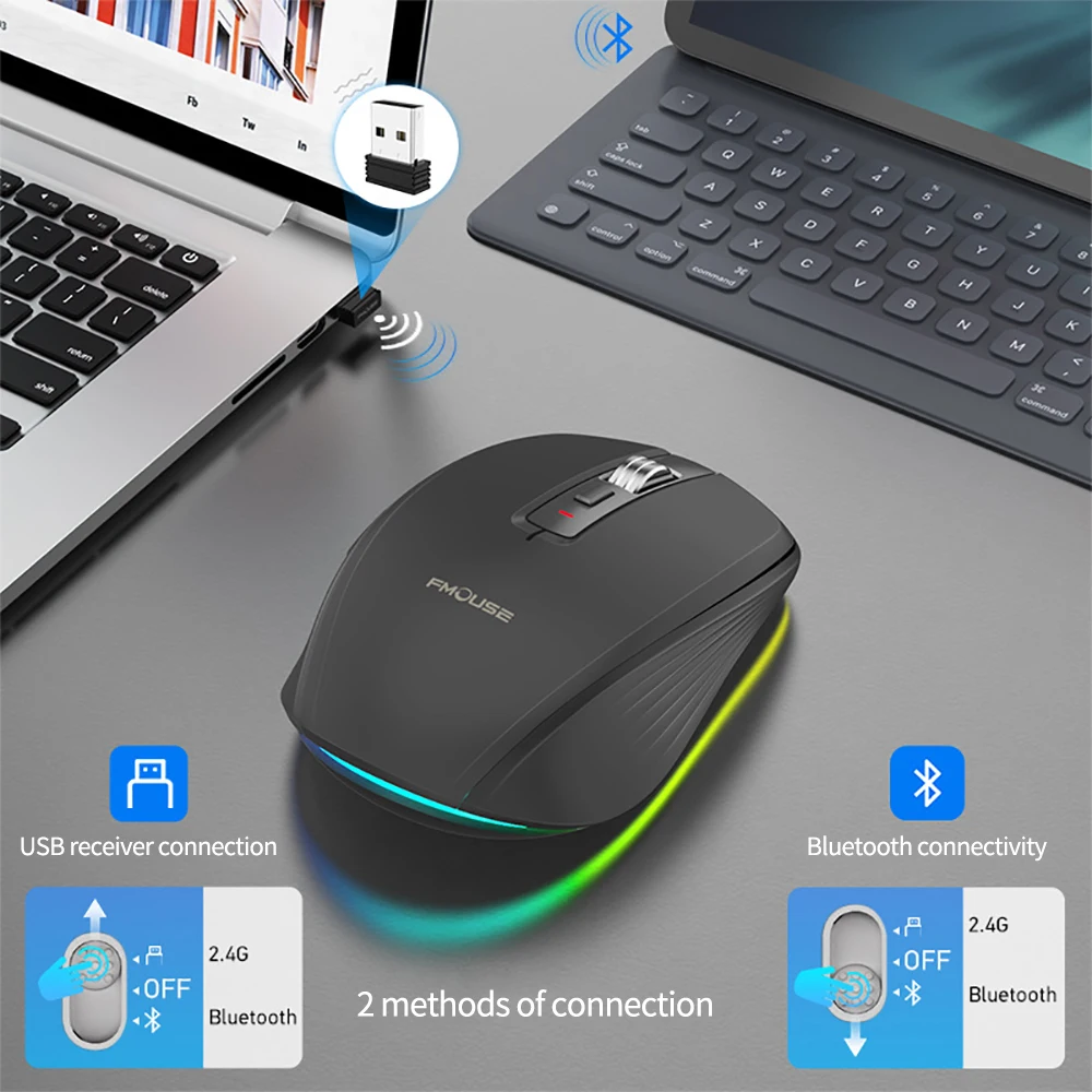 New Dual Mode Rechargeable Bluetooth 2.4G Wireless Mouse RGB Mute Mouse For Windows Mac IOS Android Laptop Tablet Phone PC