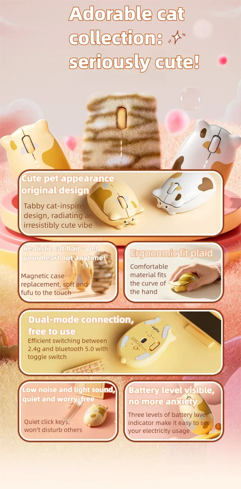 INPHIC Kalo Cute Cat Bluetooth Compatible Wireless Mouse Low Noise Office Mouse Battery Power Display For PC laptops and iPads INPHIC Kalo Cute Cat Bluetooth Compatible Wireless Mouse Low Noise Office Mouse Battery Power Display For PC laptops and iPads