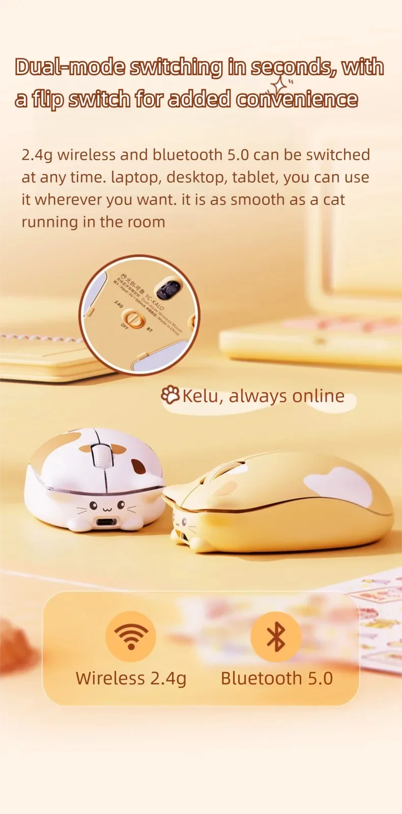 INPHIC Kalo Cute Cat Bluetooth Compatible Wireless Mouse Low Noise Office Mouse Battery Power Display For PC laptops and iPads INPHIC Kalo Cute Cat Bluetooth Compatible Wireless Mouse Low Noise Office Mouse Battery Power Display For PC laptops and iPads