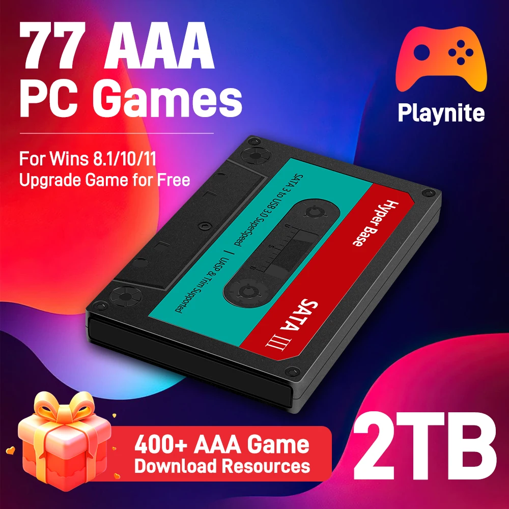 500G/2T External Gaming Hard Drive with 77 AAA PC Games Playnite OS Portable Game Console for Windows PC/Laptop