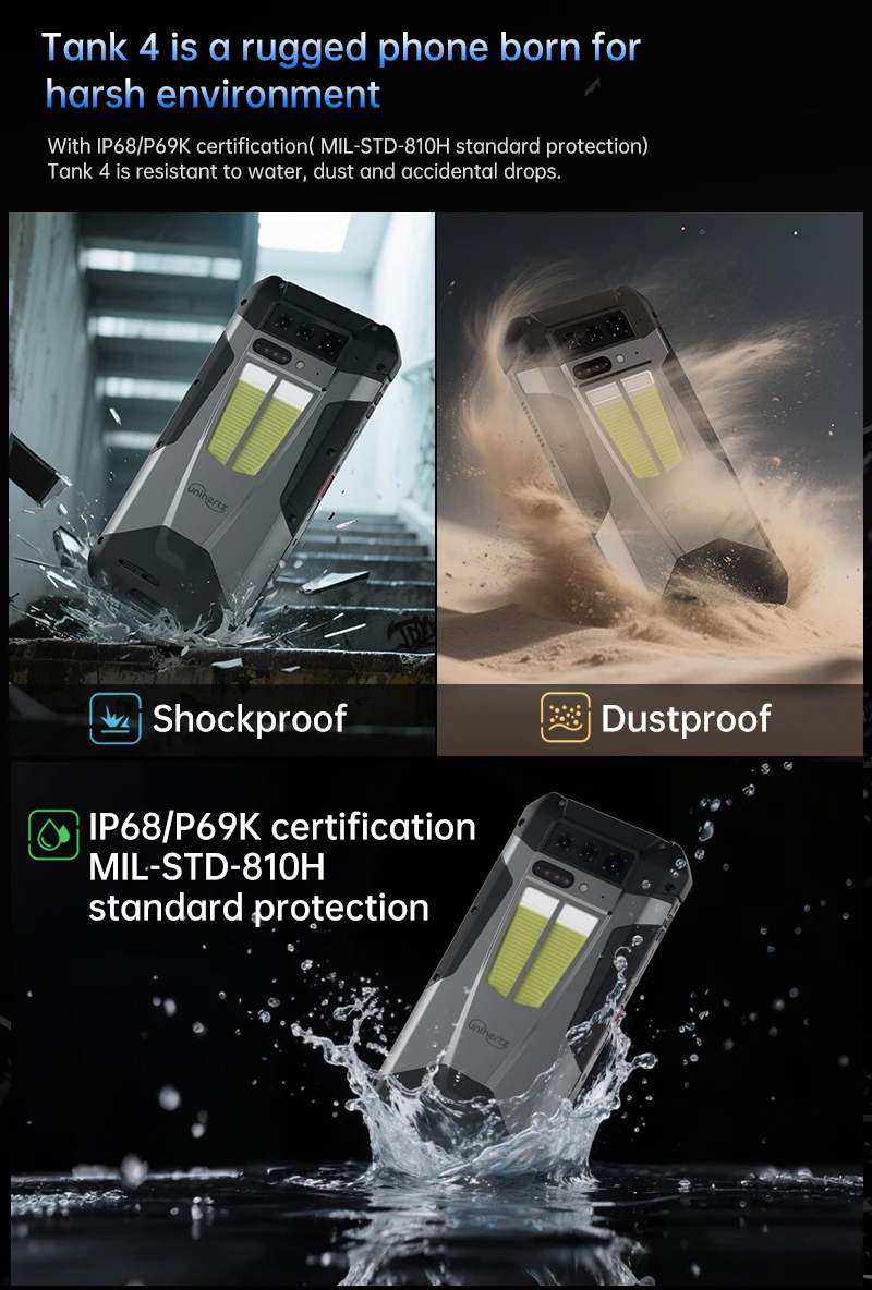 Unihertz by 8849 Tank 4 Smartphone Android 14 Built-in 720P Projector Dimensity 7300 24GB 512GB 11600mAh 120Hz AMOLED 5G Phone