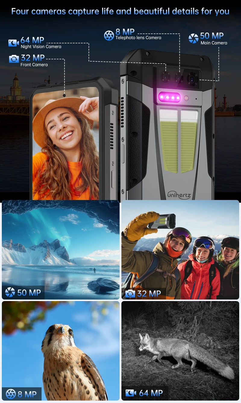 Unihertz by 8849 Tank 4 Smartphone Android 14 Built-in 720P Projector Dimensity 7300 24GB 512GB 11600mAh 120Hz AMOLED 5G Phone