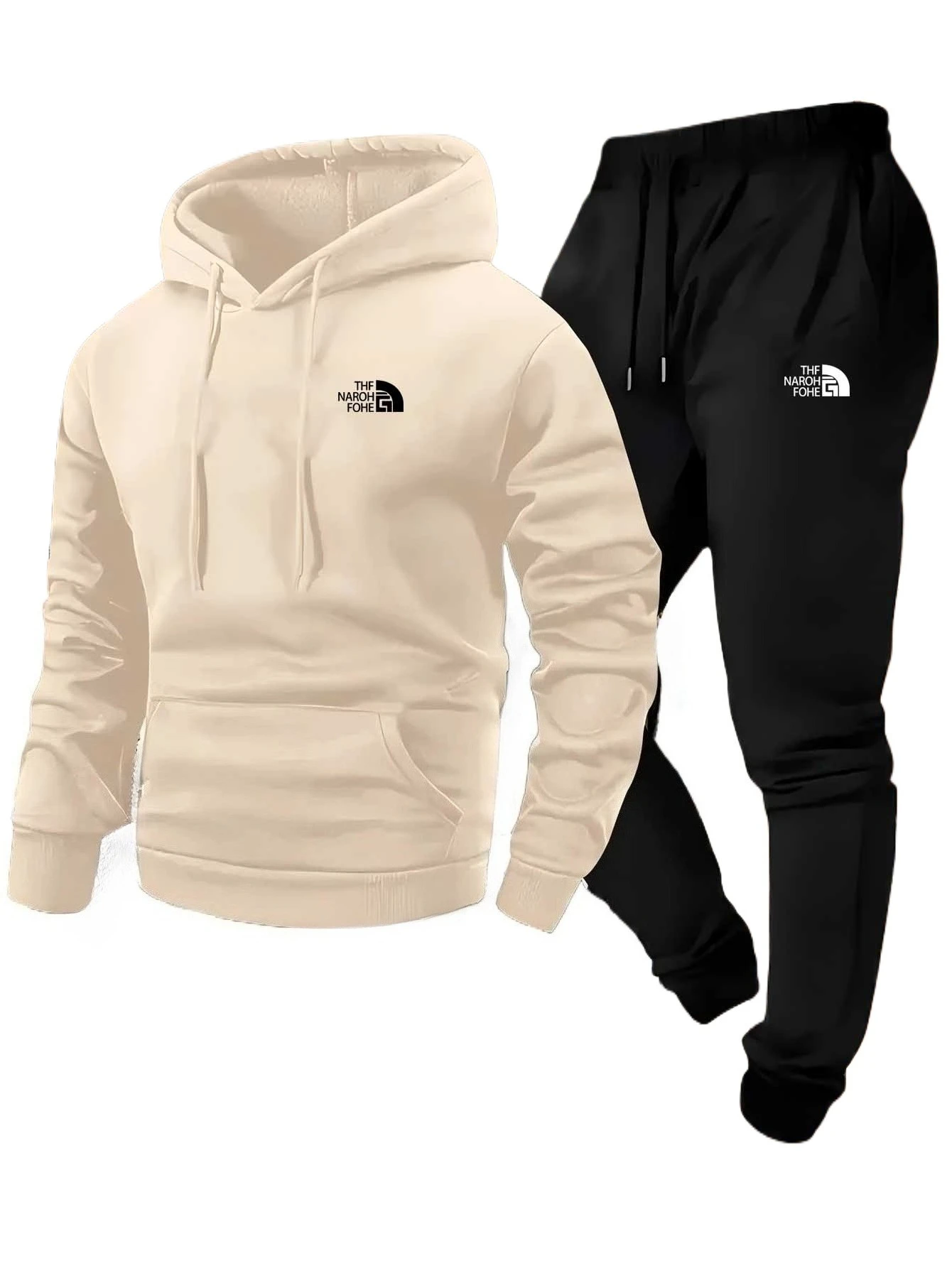 Men's autumn and winter printed casual two-piece hooded sweatshirt with pocket pants, regular outdoor sportswear