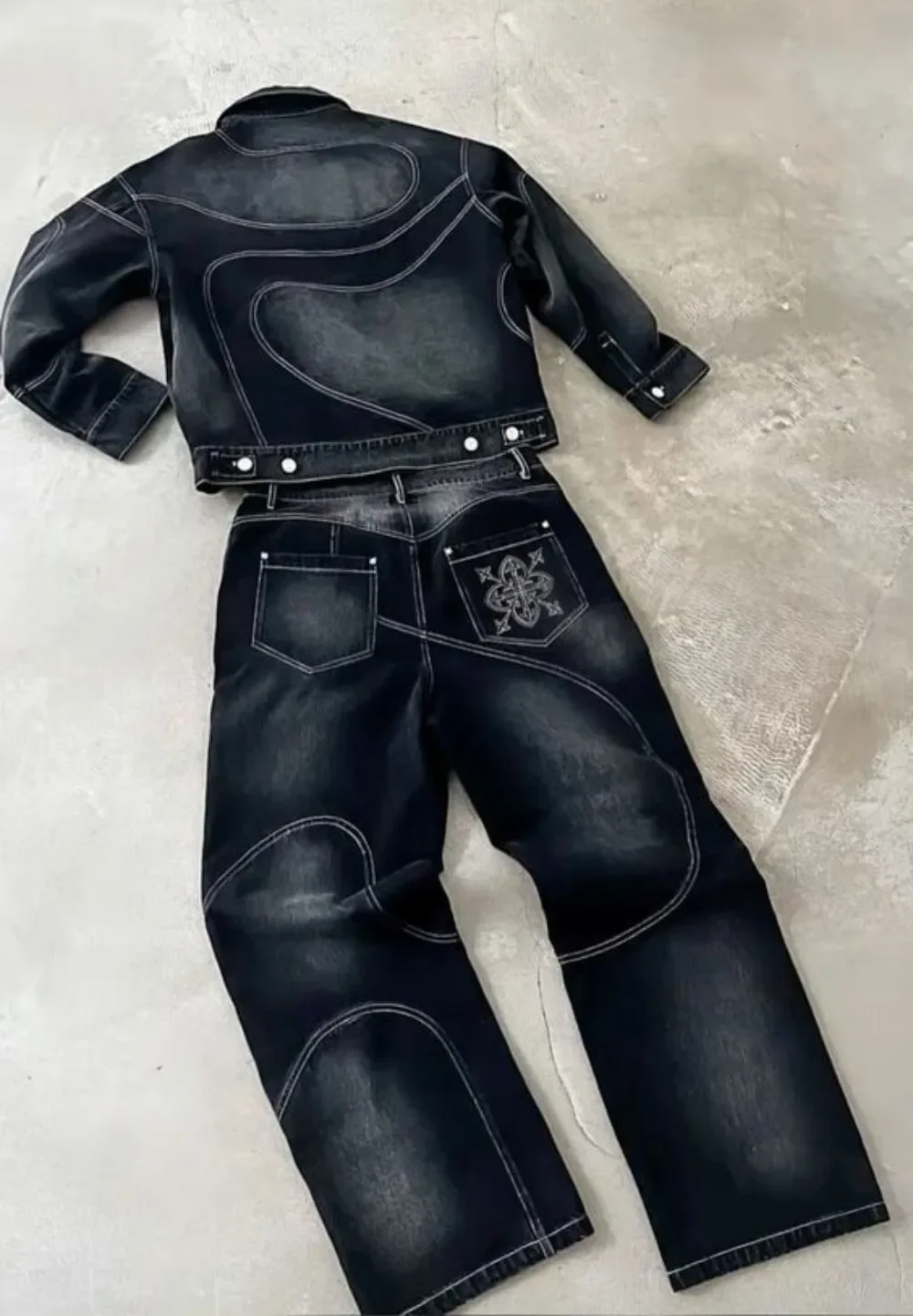 American Vintage Hip-Hop Striped Embroidered Denim Jacket Men's Y2K Harajuku Gothic Couple Skull Loose Casual Jeans Street Wear