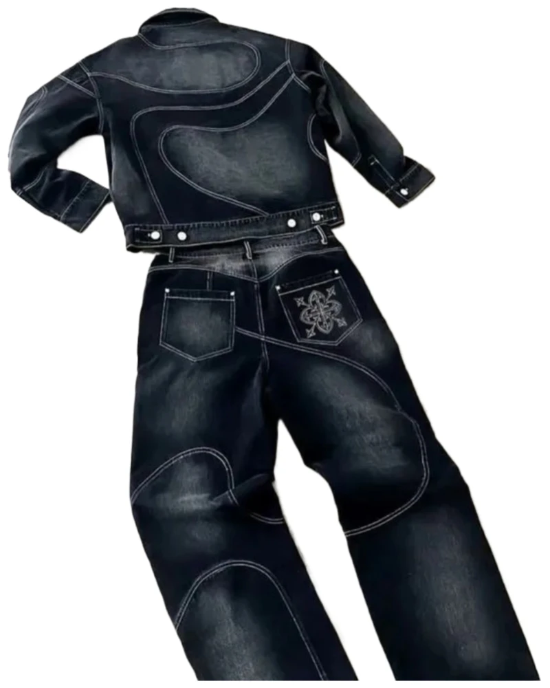 American Vintage Hip-Hop Striped Embroidered Denim Jacket Men's Y2K Harajuku Gothic Couple Skull Loose Casual Jeans Street Wear