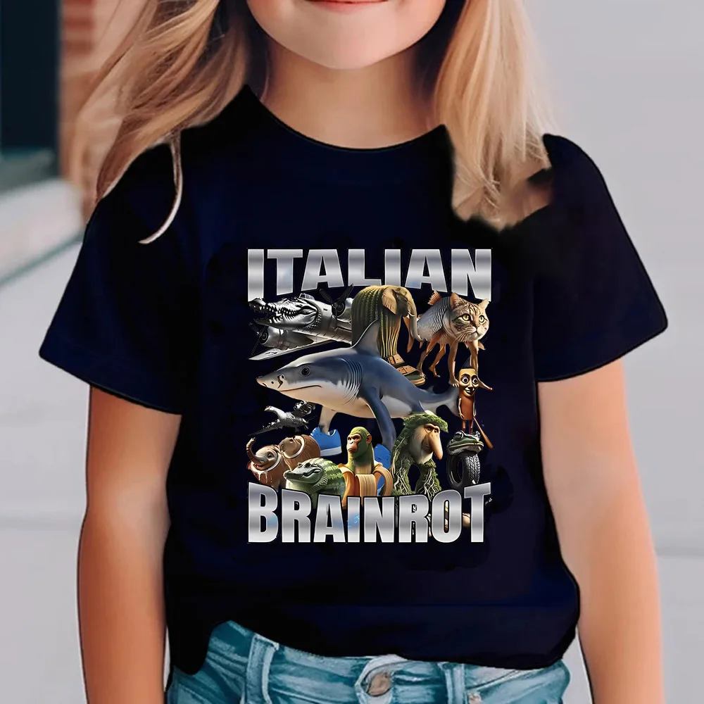 Italian Brainrot Animals Kids Cotton T-shirt Cappuccino Assassino Short Sleeve Tops for Kids Funny Meme Cute Tee Summer Clothing