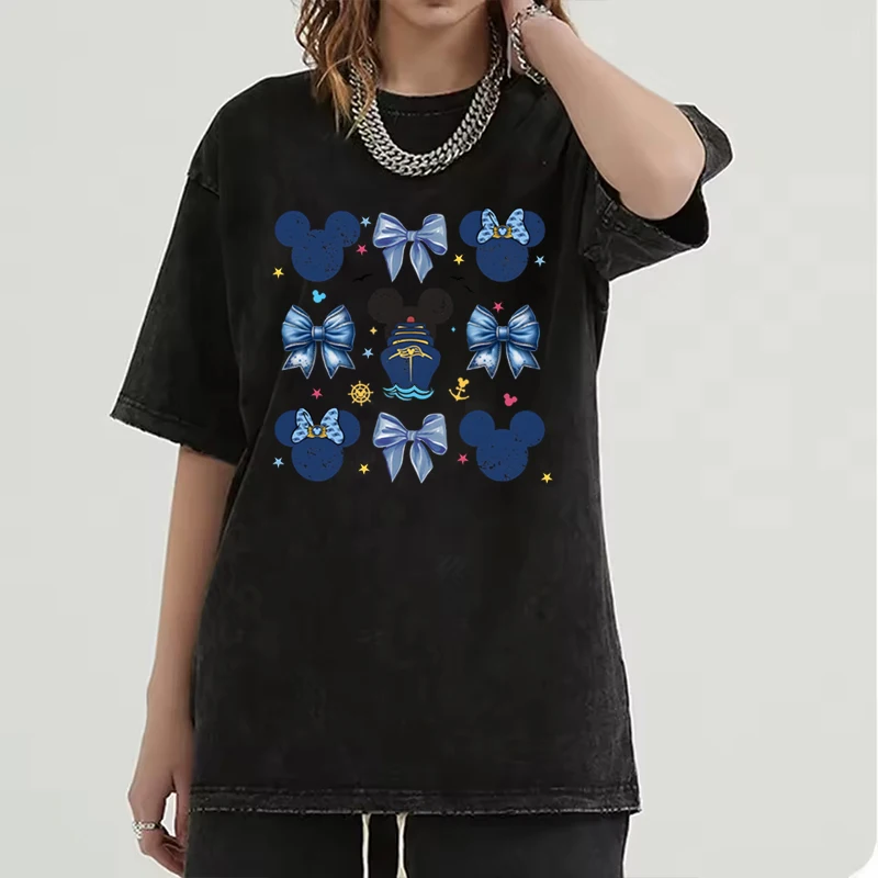 Men's Women's Clothing Vintage Washed Mickey Minnie Mouse T-Shirt Girl Boy Mickey Ear & Castle Graphic Oversized Casual Tee