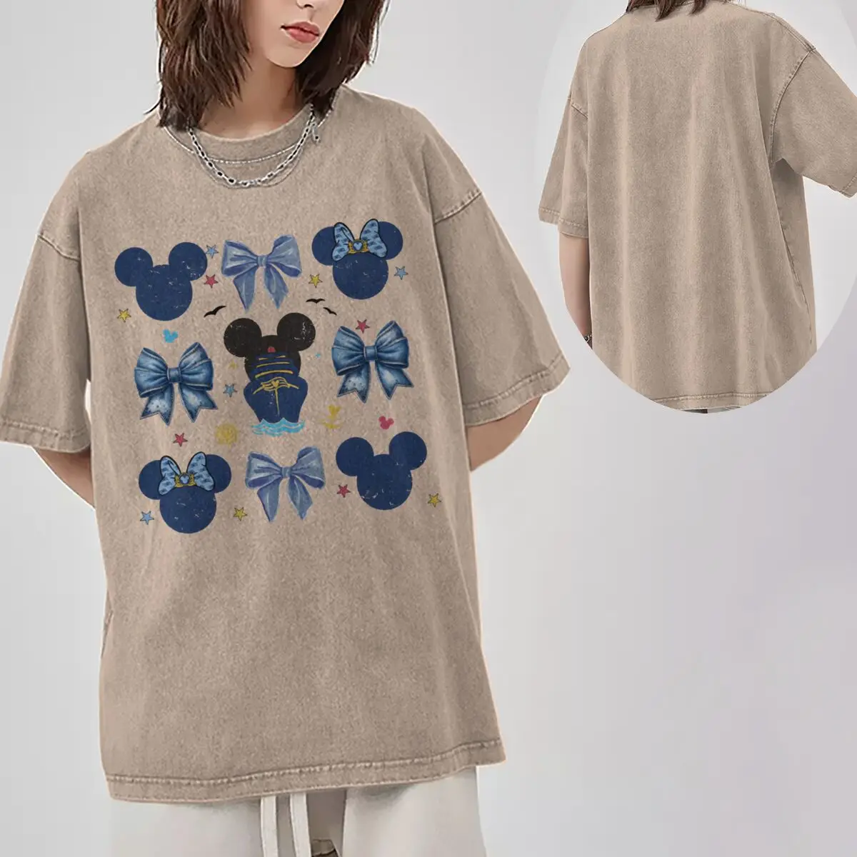 Men's Women's Clothing Vintage Washed Mickey Minnie Mouse T-Shirt Girl Boy Mickey Ear & Castle Graphic Oversized Casual Tee