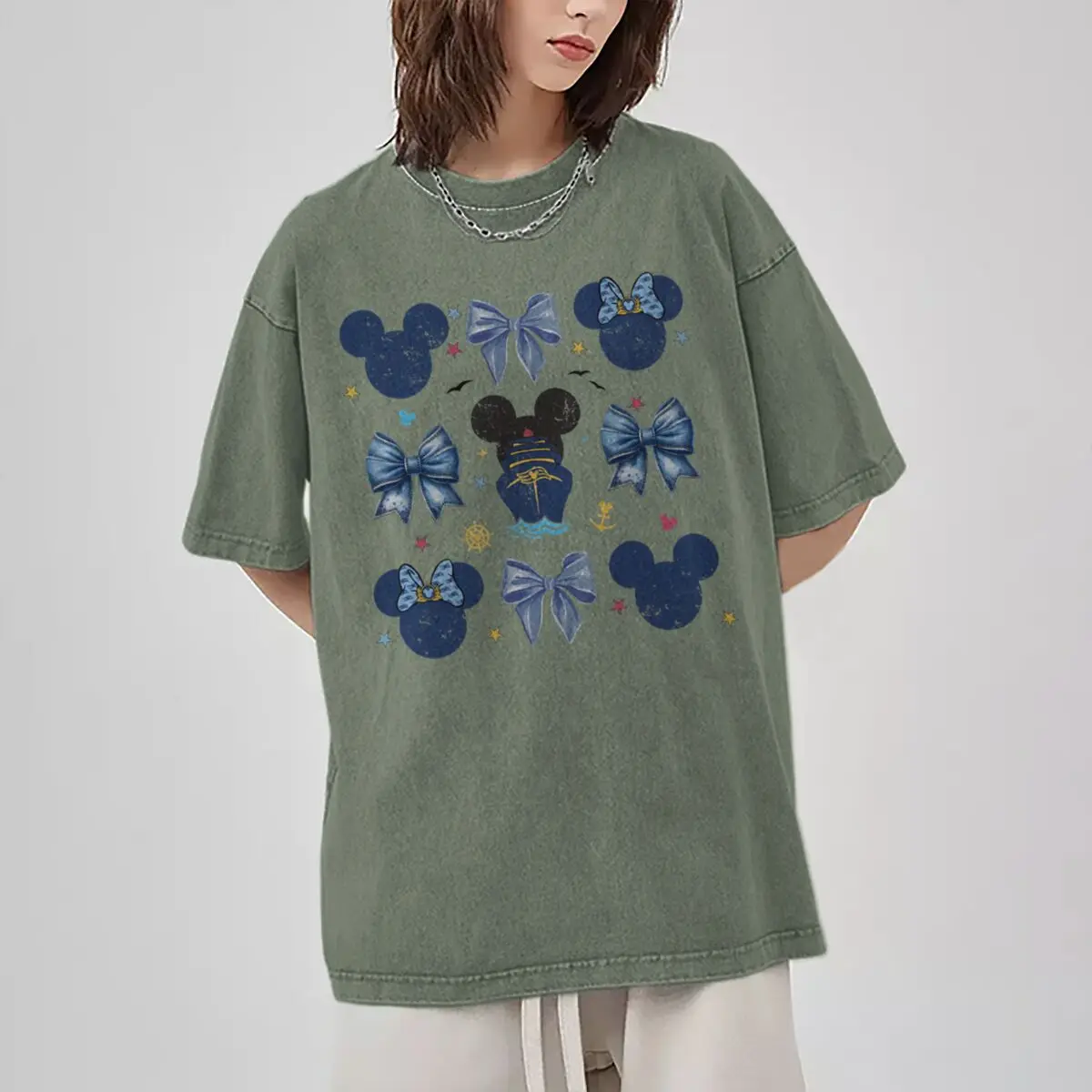 Men's Women's Clothing Vintage Washed Mickey Minnie Mouse T-Shirt Girl Boy Mickey Ear & Castle Graphic Oversized Casual Tee
