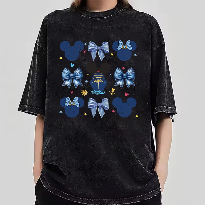 Men's Women's Clothing Vintage Washed Mickey Minnie Mouse T-Shirt Girl Boy Mickey Ear & Castle Graphic Oversized Casual Tee