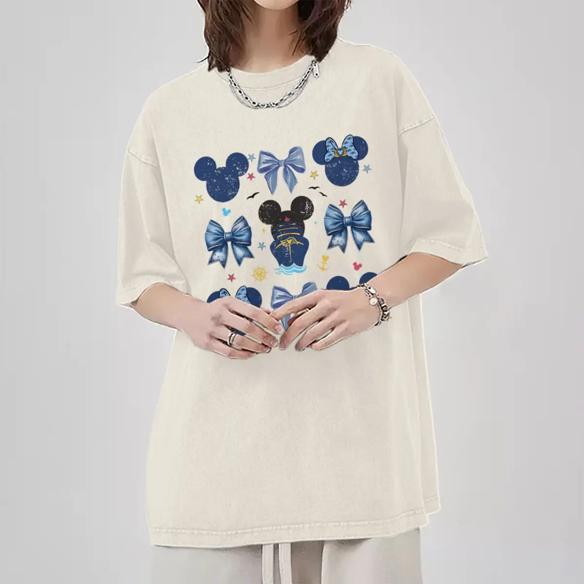 Men's Women's Clothing Vintage Washed Mickey Minnie Mouse T-Shirt Girl Boy Mickey Ear & Castle Graphic Oversized Casual Tee