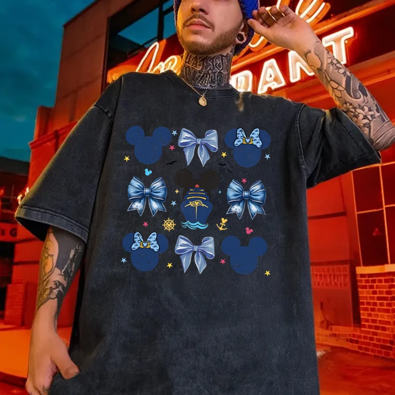 Men's Women's Clothing Vintage Washed Mickey Minnie Mouse T-Shirt Girl Boy Mickey Ear & Castle Graphic Oversized Casual Tee