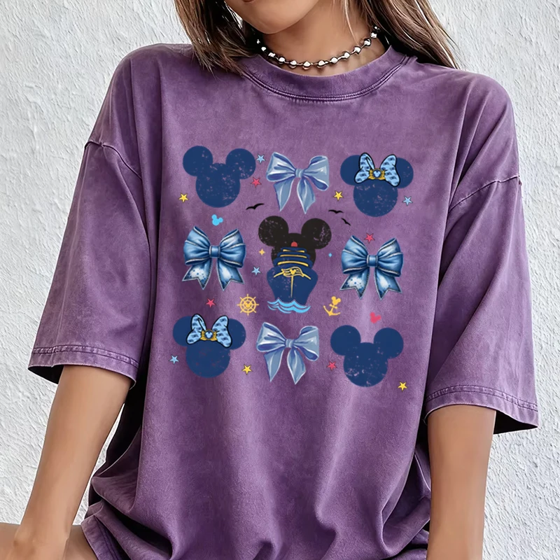 Men's Women's Clothing Vintage Washed Mickey Minnie Mouse T-Shirt Girl Boy Mickey Ear & Castle Graphic Oversized Casual Tee