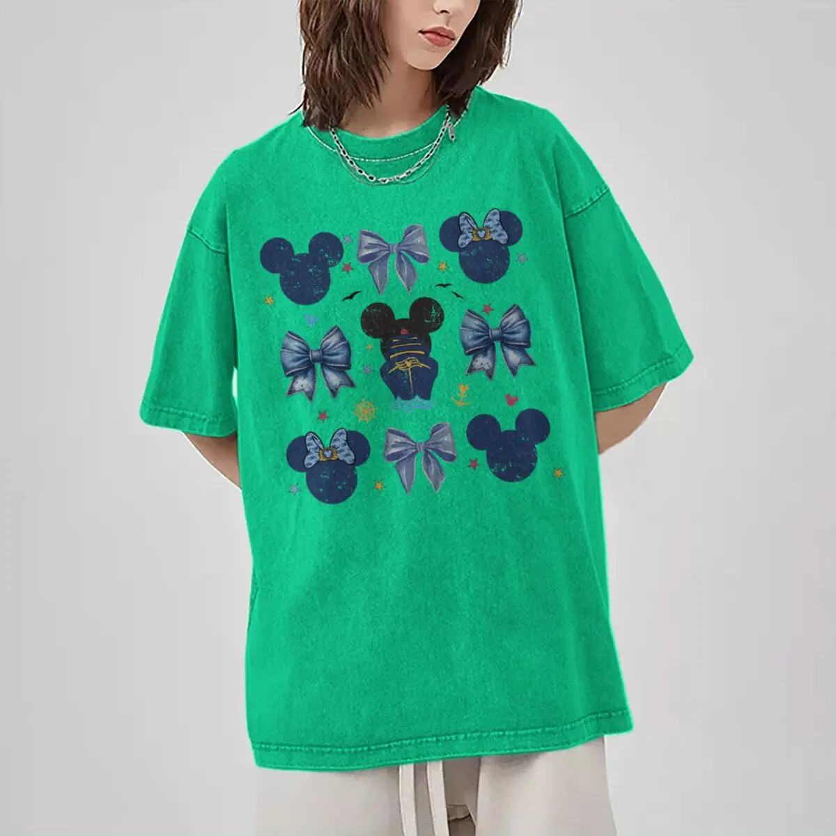 Men's Women's Clothing Vintage Washed Mickey Minnie Mouse T-Shirt Girl Boy Mickey Ear & Castle Graphic Oversized Casual Tee