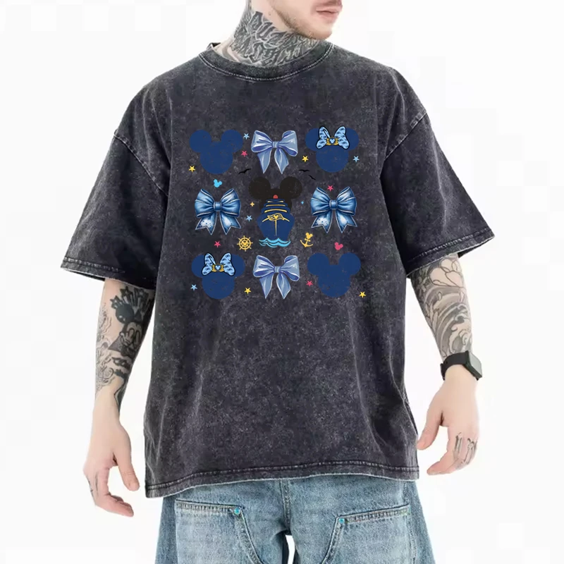 Men's Women's Clothing Vintage Washed Mickey Minnie Mouse T-Shirt Girl Boy Mickey Ear & Castle Graphic Oversized Casual Tee