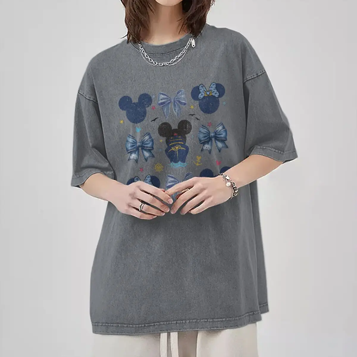 Men's Women's Clothing Vintage Washed Mickey Minnie Mouse T-Shirt Girl Boy Mickey Ear & Castle Graphic Oversized Casual Tee